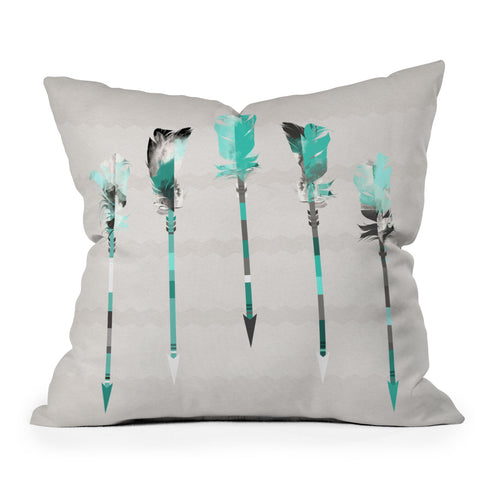 Iveta Abolina Teal Feathers Outdoor Throw Pillow