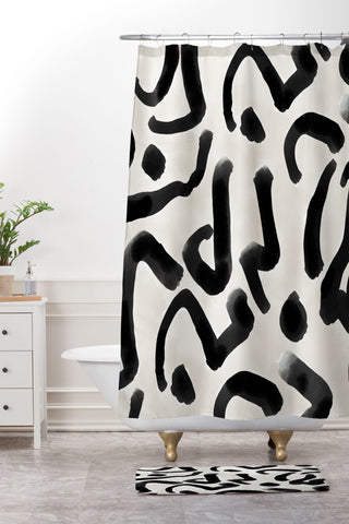 Jacqueline Maldonado Black Brushstroke Ecru Shower Curtain And Mat
