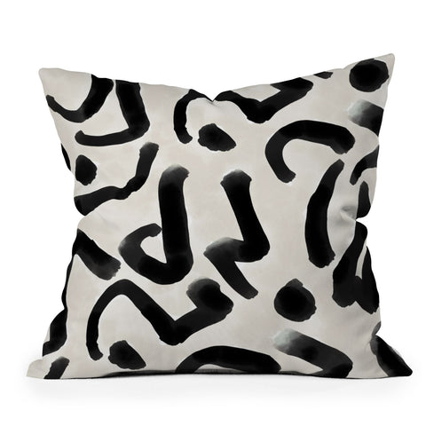 Jacqueline Maldonado Black Brushstroke Ecru Outdoor Throw Pillow