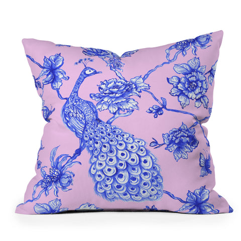 Jacqueline Maldonado Chinoserie Peacock Blush Outdoor Throw Pillow