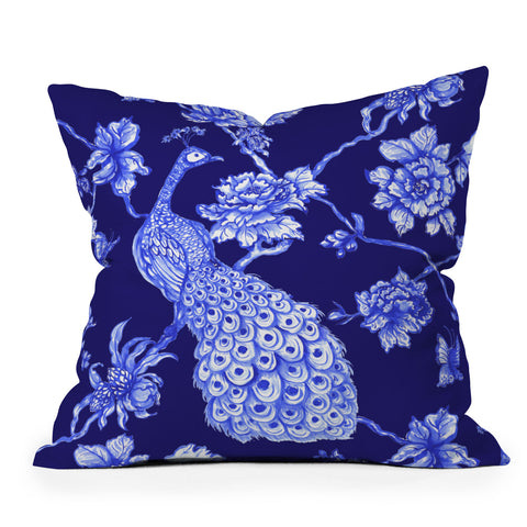 Jacqueline Maldonado Chinoserie Peacock Navy Outdoor Throw Pillow