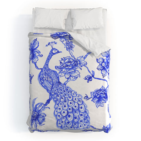 Jacqueline Maldonado Chinoserie Peacock White Duvet Cover