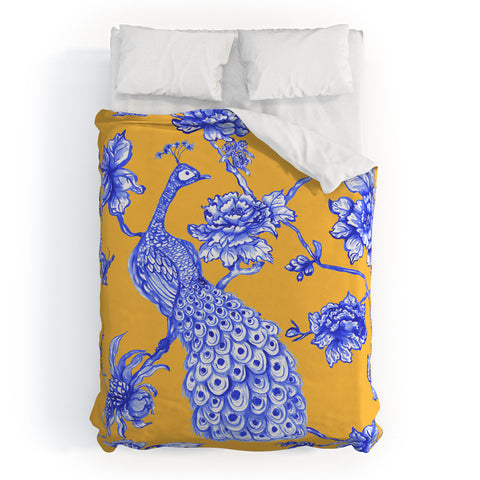 Jacqueline Maldonado Chinoserie Peacock Yellow Duvet Cover
