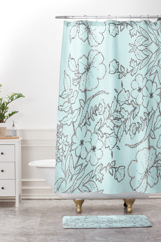 Jacqueline Maldonado Dotted Floral Scroll Mint Shower Curtain And Mat