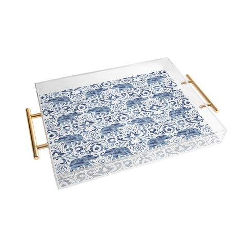 Jacqueline Maldonado Elephant Damask Watercolor Blue Acrylic Tray