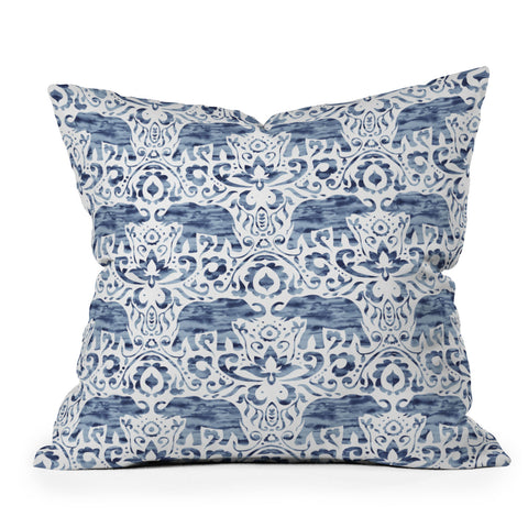 Jacqueline Maldonado Elephant Damask Watercolor Blue Outdoor Throw Pillow