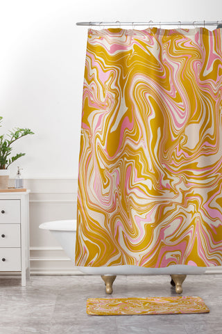 Jacqueline Maldonado Groovy Marble Pink Ochre Shower Curtain And Mat