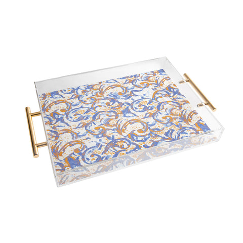 Jacqueline Maldonado Vintage Lace Watercolor Blue Gold Acrylic Tray