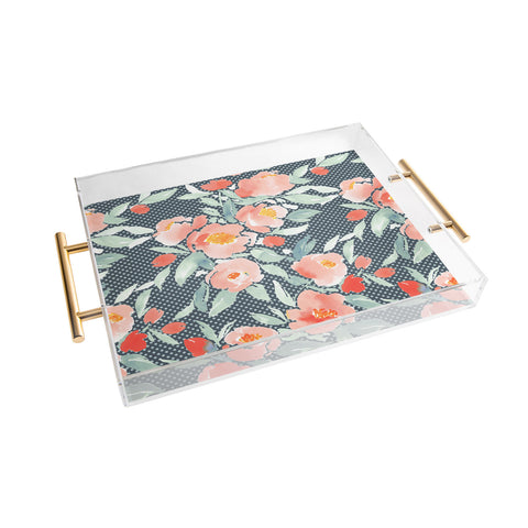 Jacqueline Maldonado Watercolor Floral Dot Green Acrylic Tray