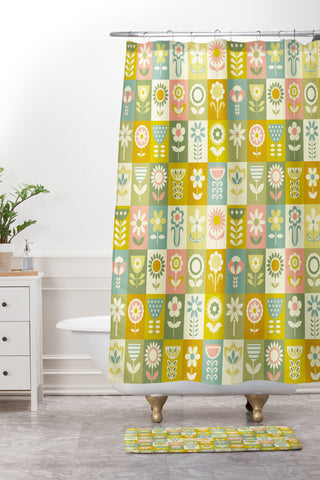 Jenean Morrison 50s Flower Grid Shower Curtain And Mat