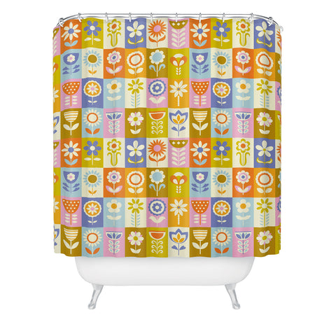 Jenean Morrison 60s Flower Grid Shower Curtain