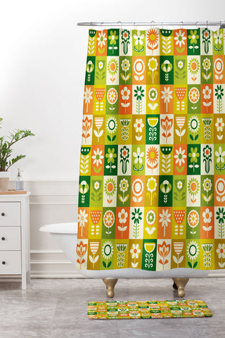 Jenean Morrison 70s Flower Grid Shower Curtain And Mat