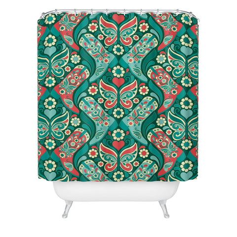 Jenean Morrison Boots and Butterflies Blue Shower Curtain