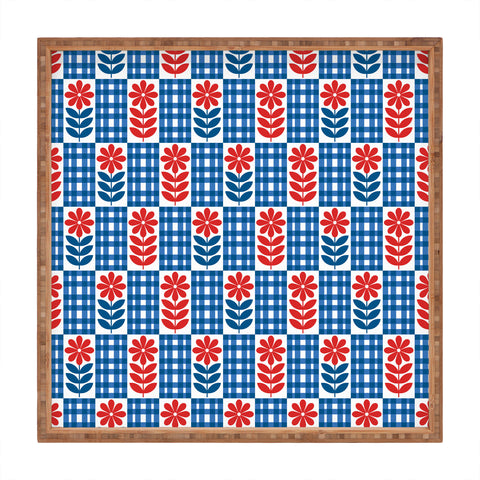 Jenean Morrison Gingham Floral Blue Square Tray