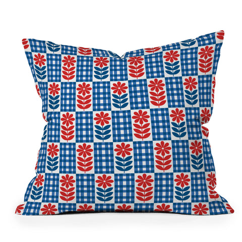 Jenean Morrison Gingham Floral Blue Outdoor Throw Pillow