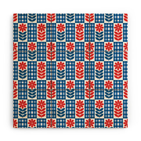Jenean Morrison Gingham Floral Blue Wood Wall Mural