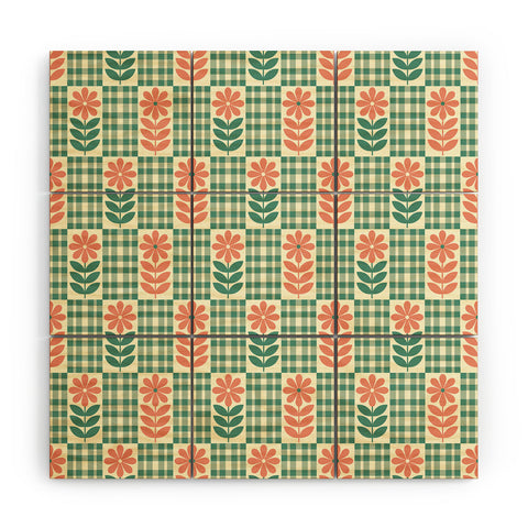 Jenean Morrison Gingham Floral Green Wood Wall Mural