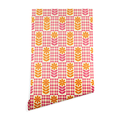 Jenean Morrison Gingham Floral Raspberry Wallpaper