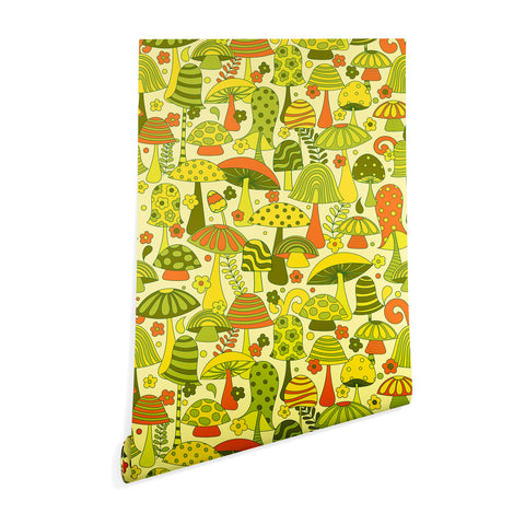 Jenean Morrison Many Mushrooms Green Wallpaper