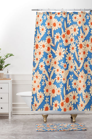 Jenean Morrison Simple Floral Red and Blue Shower Curtain And Mat