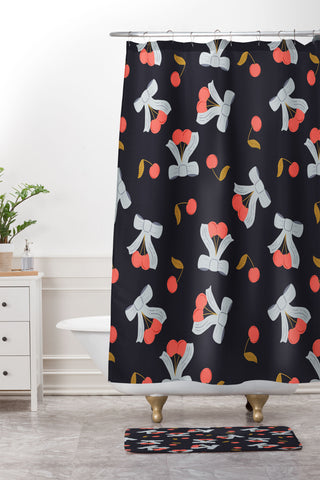 Jennifer Labre Cherries and Bows Shower Curtain And Mat