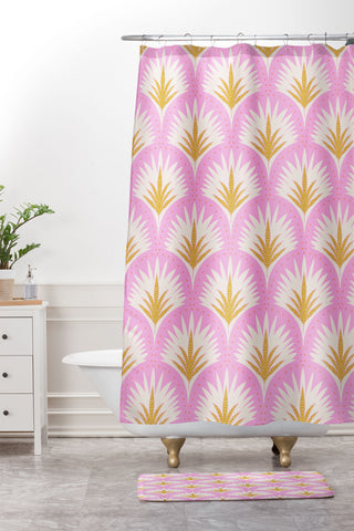 Jennifer Labre Pink Palmetto Shower Curtain And Mat