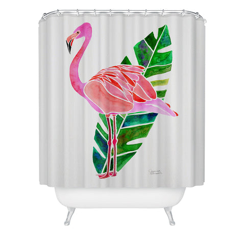 Jessica Larson Flamingo and Banana Leaf Shower Curtain