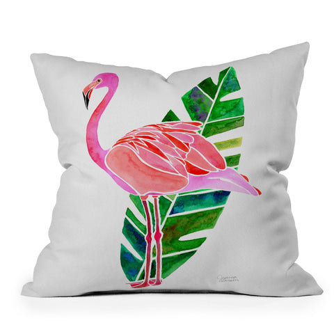 Jessica Larson Flamingo and Banana Leaf Outdoor Throw Pillow