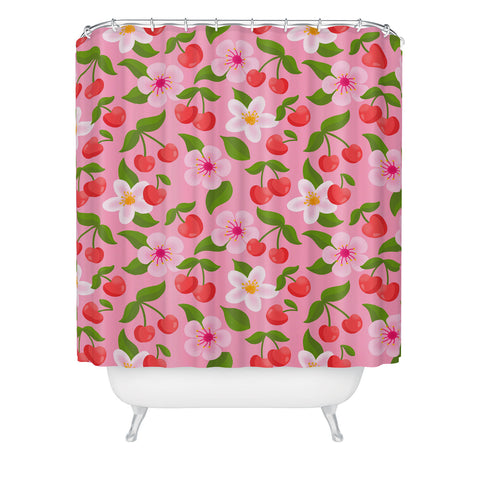 Jessica Molina Cherry Pattern on Pink Shower Curtain