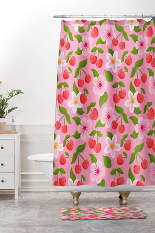 Jessica Molina Cherry Pattern on Pink Shower Curtain And Mat