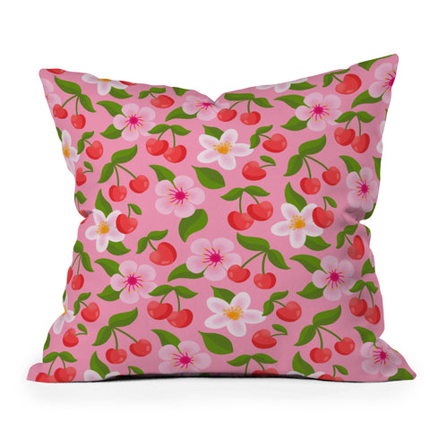 Jessica Molina Cherry Pattern on Pink Outdoor Throw Pillow