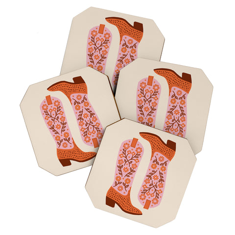Jessica Molina Cowgirl Boots Pink and Orange Coaster Set