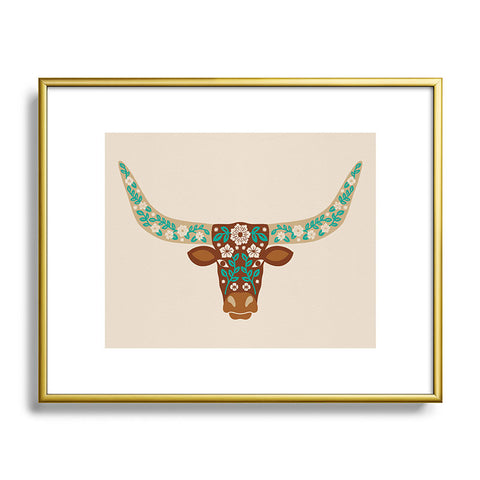Jessica Molina Floral Longhorn Brown and Turquoise Metal Framed Art Print