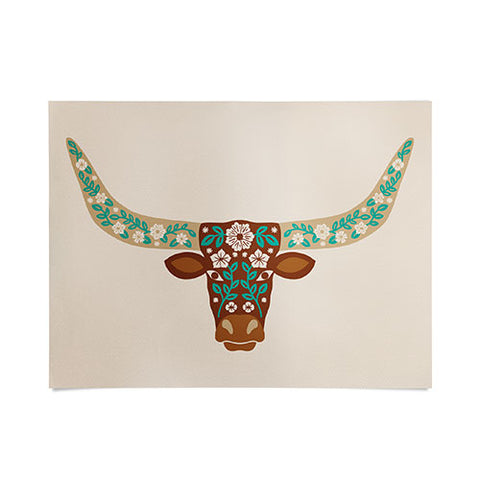 Jessica Molina Floral Longhorn Brown and Turquoise Poster