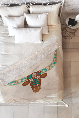 Jessica Molina Floral Longhorn Brown and Turquoise Fleece Throw Blanket