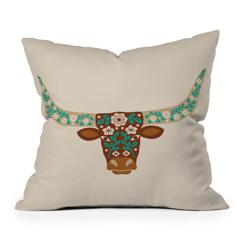 Jessica Molina Floral Longhorn Brown and Turquoise Outdoor Throw Pillow