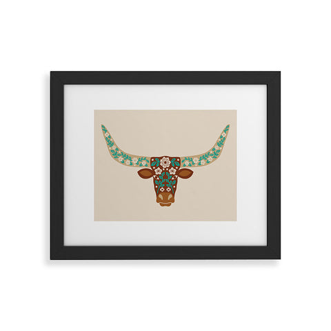 Jessica Molina Floral Longhorn Brown and Turquoise Framed Art Print