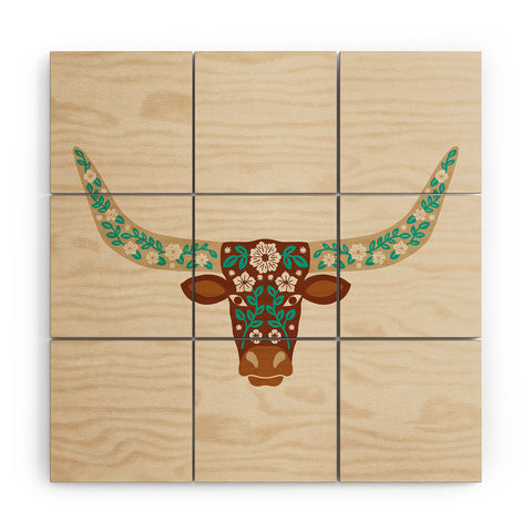 Jessica Molina Floral Longhorn Brown and Turquoise Wood Wall Mural