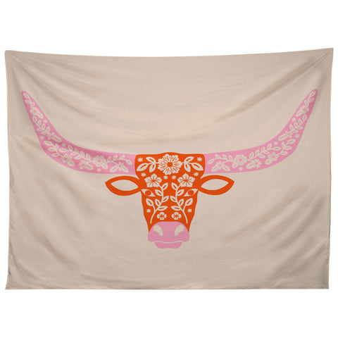 Jessica Molina Floral Longhorn Pink and Orange Tapestry