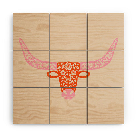 Jessica Molina Floral Longhorn Pink and Orange Wood Wall Mural
