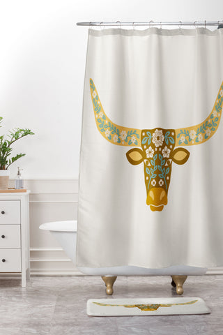 Jessica Molina Floral Longhorn Yellow and Blue Shower Curtain And Mat