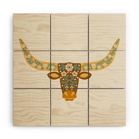 Jessica Molina Floral Longhorn Yellow and Blue Wood Wall Mural