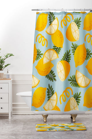 Jessica Molina Lemon Pattern on Sky Blue Shower Curtain And Mat