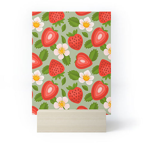 Jessica Molina Strawberry Pattern on Mint Mini Art Print