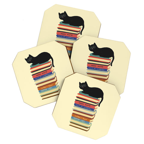 Jimmy Tan Hidden cat 31 reading books Coaster Set