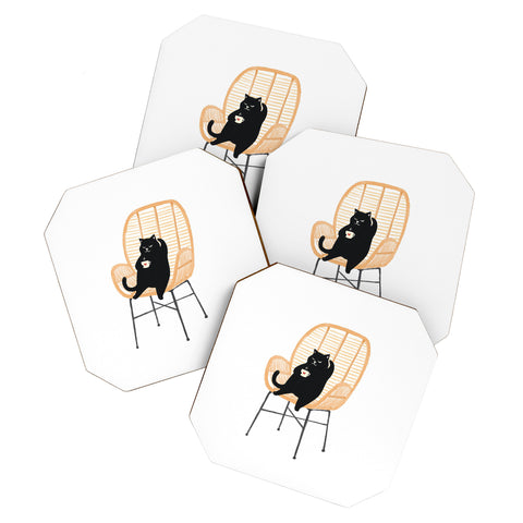 Jimmy Tan Lazy cat 2 enjoying coffee Coaster Set