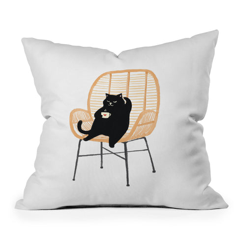 Jimmy Tan Lazy cat 2 enjoying coffee Outdoor Throw Pillow