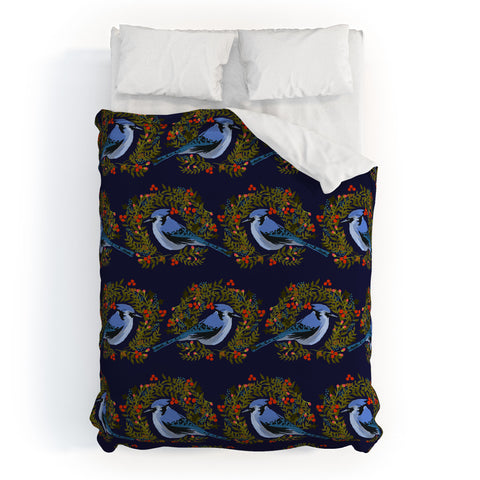 Joy Laforme Christmas Blue Jay Wreaths Duvet Cover