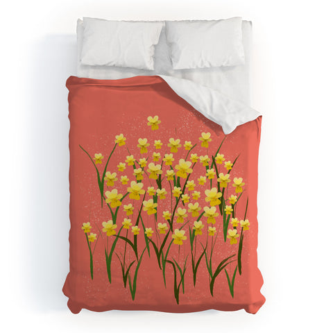Joy Laforme Pansies in Gold and Coral Duvet Cover