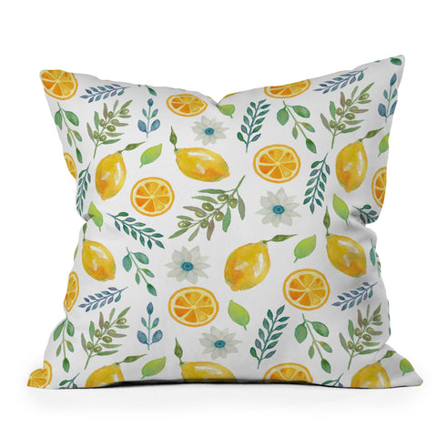 Julia Madoka Watercolor Lemons and Olives Outdoor Throw Pillow